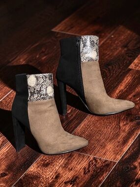 JustFab Women's Multicolored Suede and Snake Print Heeled Boots Size 7.5